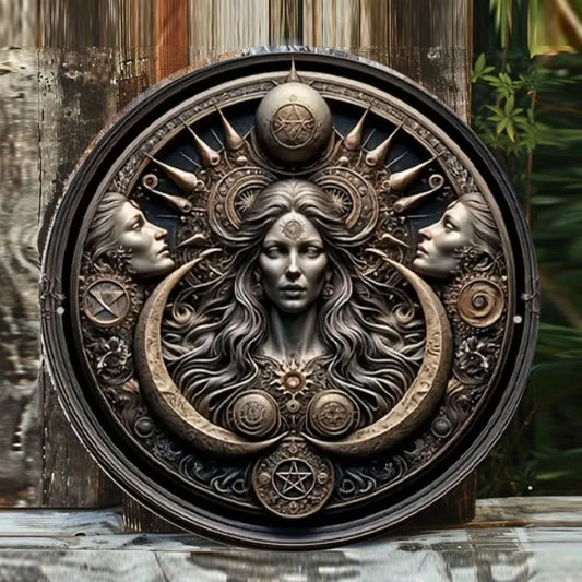 Triple Moon Goddess Hecate Round Metal Tin Sign Wall Decor