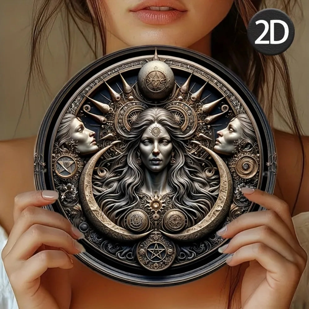 Triple Moon Goddess Hecate Round Metal Tin Sign Wall Decor