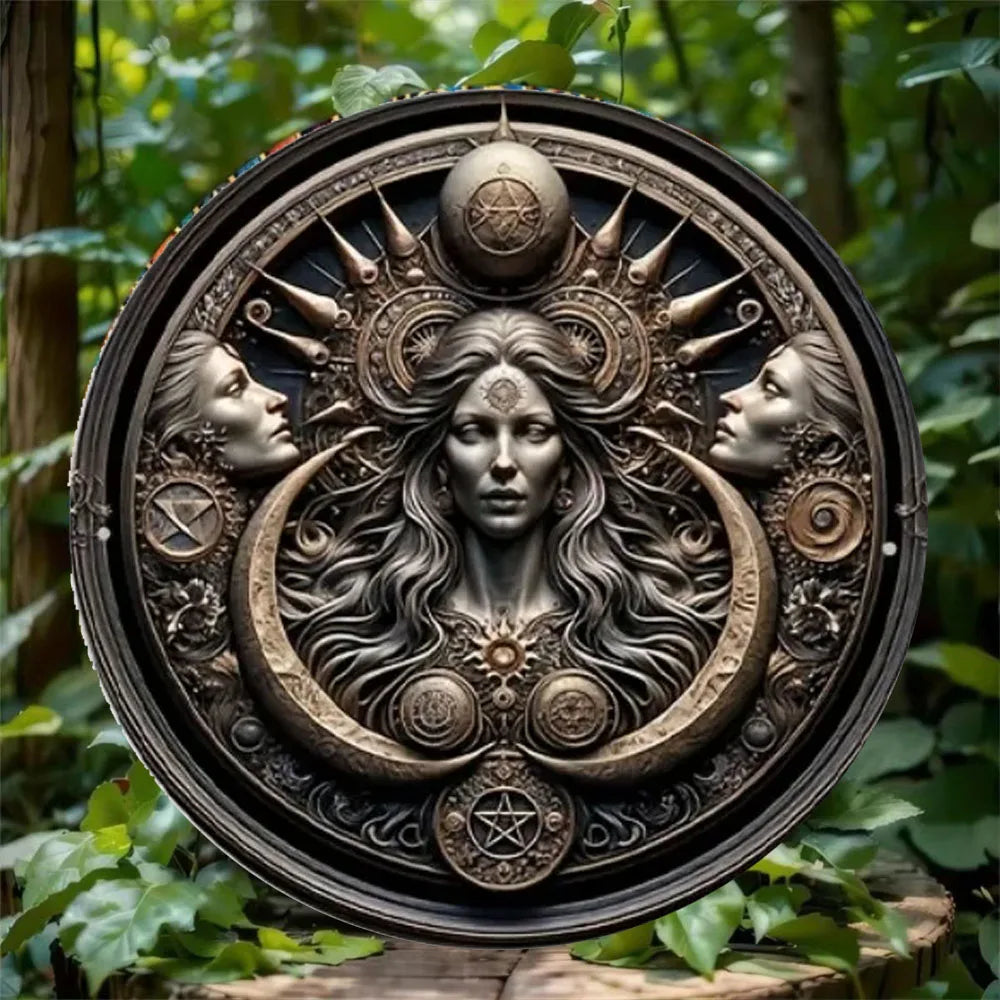 Triple Moon Goddess Hecate Round Metal Tin Sign Wall Decor